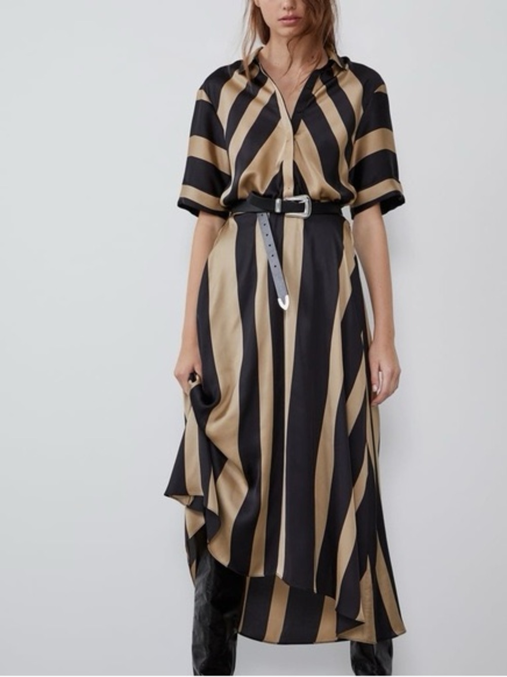 Zara S Black Gold Statin Striped Midi Dress